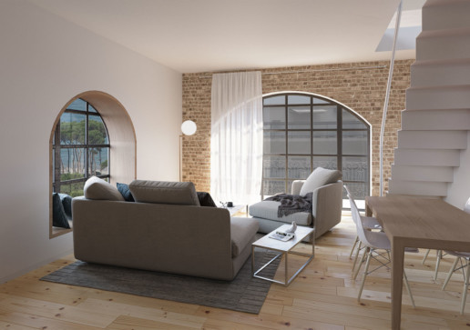 design architettonico sala loft con scalinata